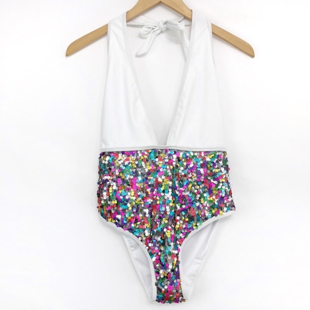 BOOHOO Sequin Panel Plunge One Piece White 8